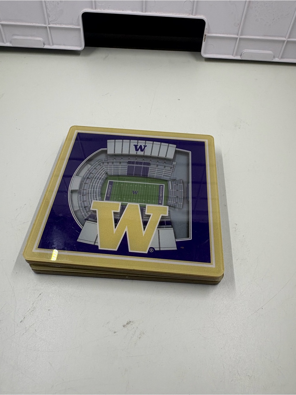 Washington Huskies Stadium Coasters with gold 'W' logo and stadium graphic 2pc